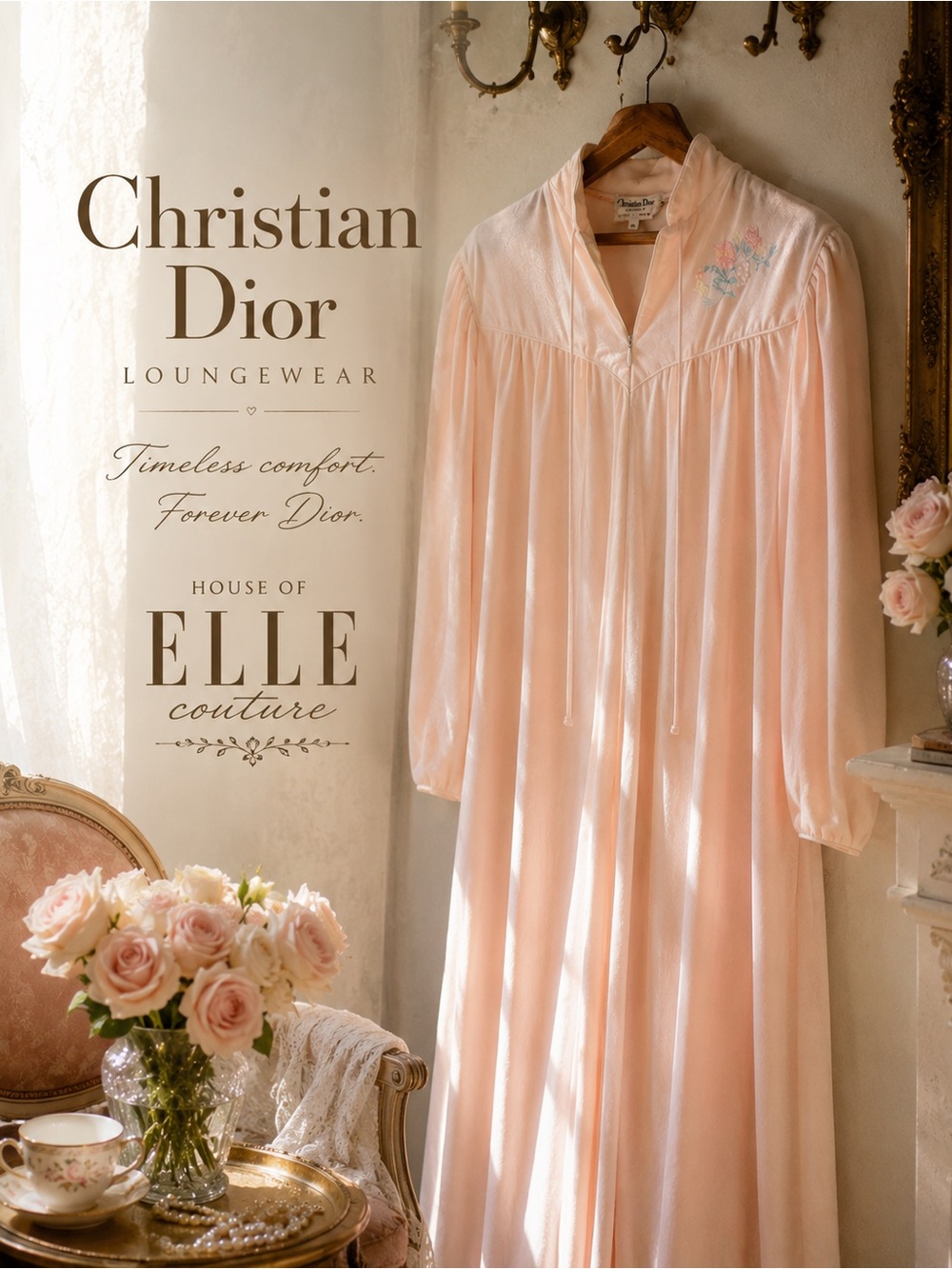 Vintage 70s Christian Dior Pastel Pink Velour Kaftan Robe Floral Embroidery S